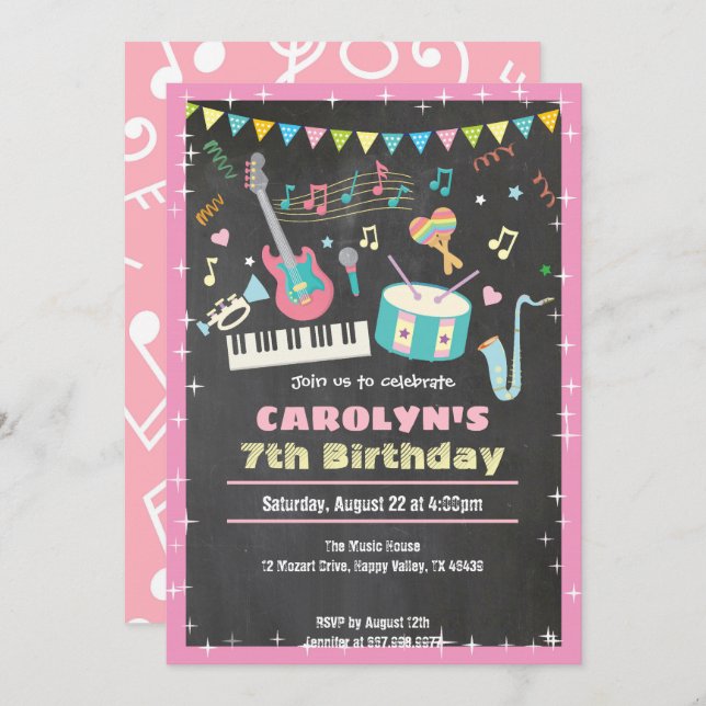 Musique anniversaire invitation pink chalkboard fi (Devant / Derrière)