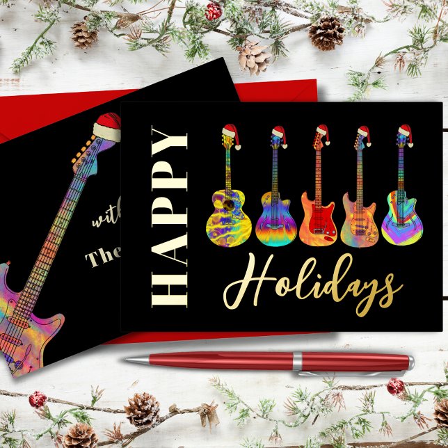 Musique Guitare de Noël Joyeux Vacances Black Gold (Music themed christmas guitars happy holidays black & gold foil personalized holidays greeting card)