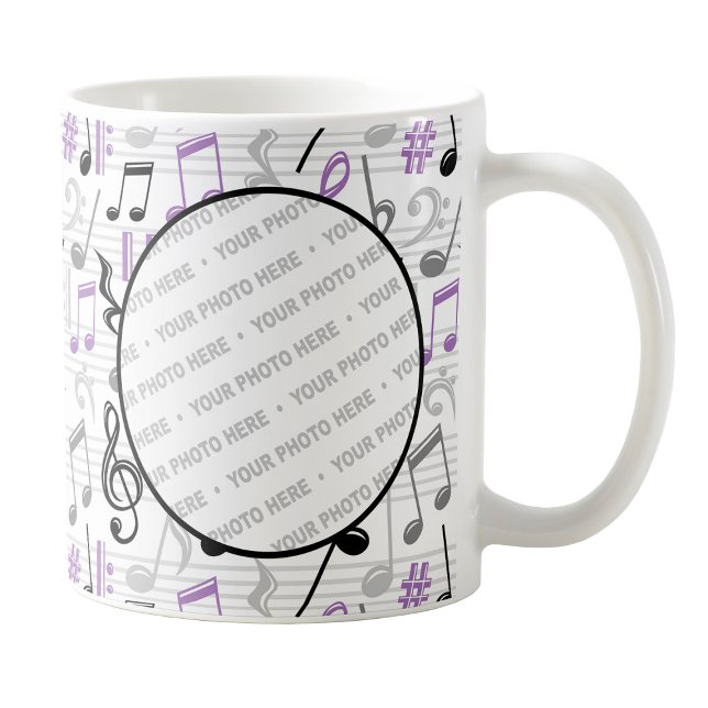 Musique violette Motif Photo Mug (Purple Music Pattern Photo Mug at Amy's Coffee Mugs on Zazzle. )