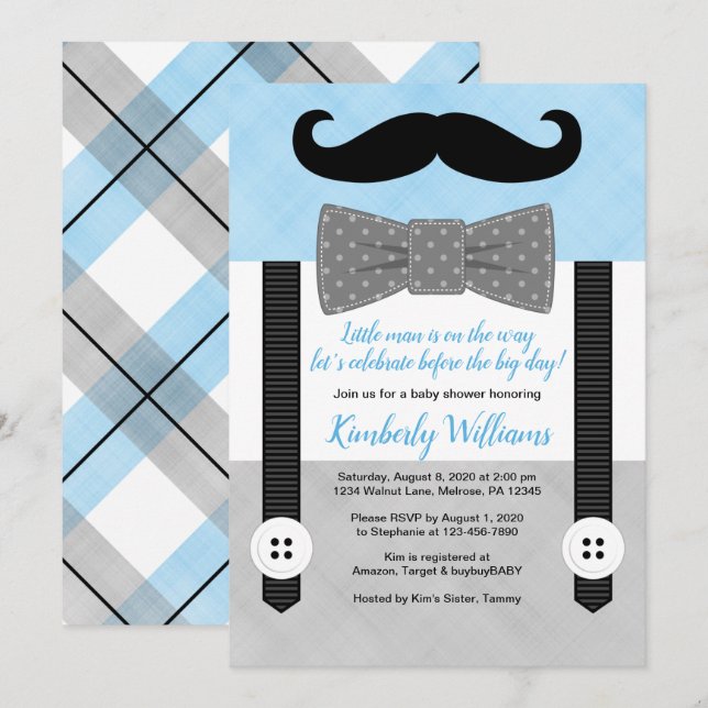 Mustache baby shower invitation bleu petit homme (Devant / Derrière)