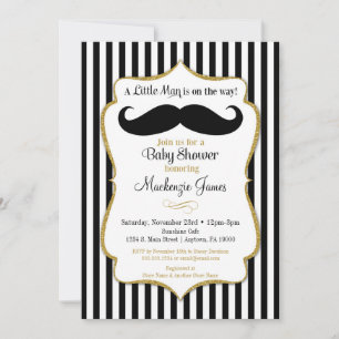 Mustache Boy Baby shower Invitation Black Gold