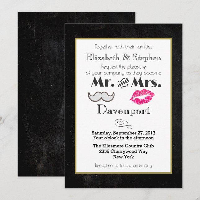 Mustache et les lèvres de mariage Invitation sur N (Devant / Derrière)