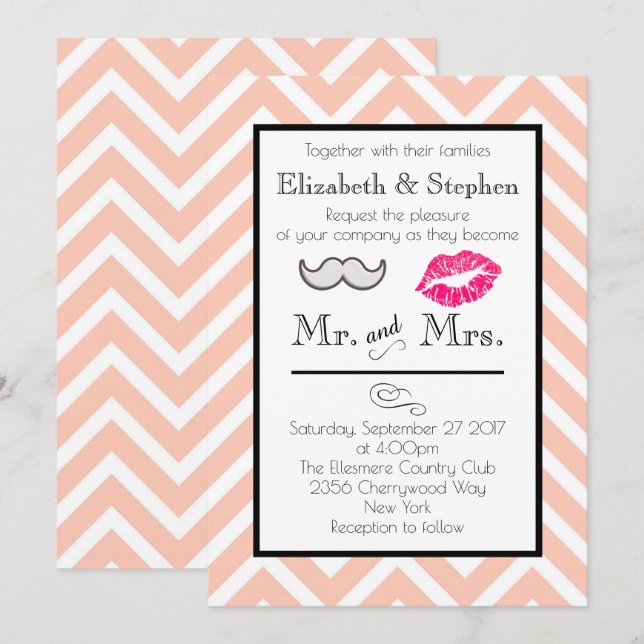 Mustache et lèvres de mariage Invitation sur Peach (Devant / Derrière)