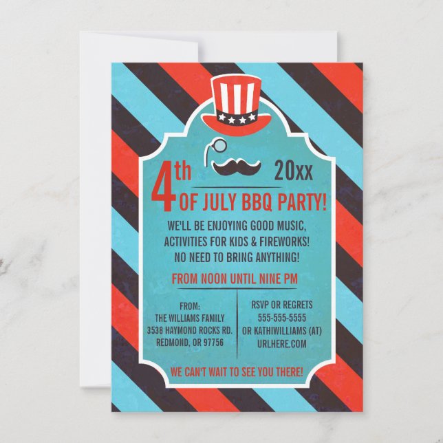 Mustache Monocle 4 juillet Fête Invitations (Devant)