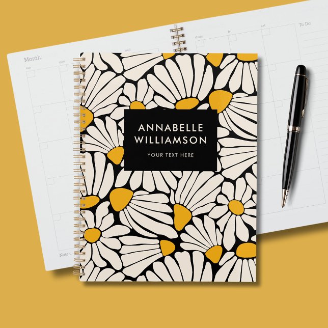 Mustard floral rétro jaune noir (Abstract retro floral personalized planner with cream & mustard yellow flowers on black.)