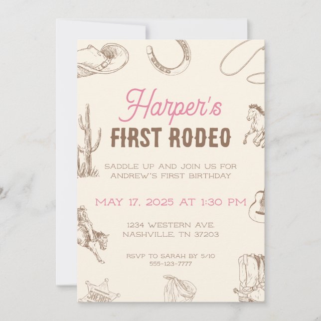 My First Rodeo 1st Birthday Invitation Pink Girl (Devant)