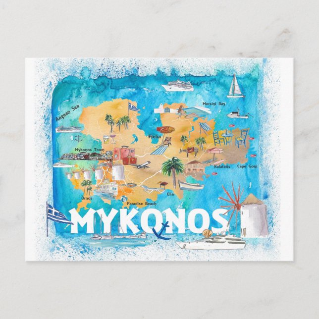 Mykonos Grèce Carte illustrée avec les routes prin (Devant)