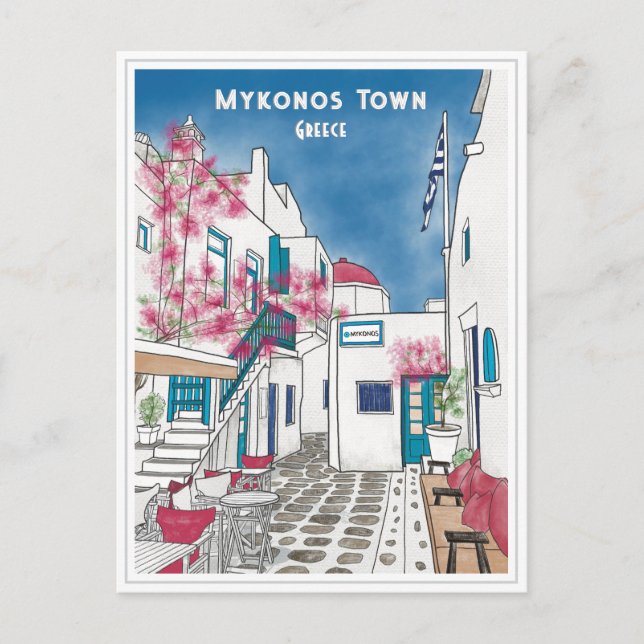 Mykonos Town Grèce Voyage Dessin Carte Postale (Devant)