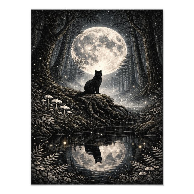 Mystical Black Cat Under Full Moon Forest Poster (Devant)