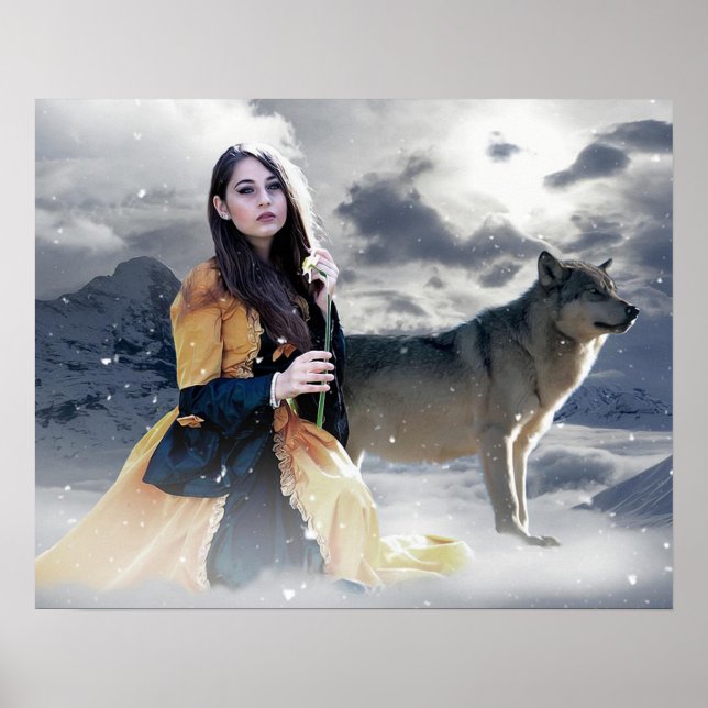 Mystical Girl with Wolf in Winter Scene Poster (Devant)