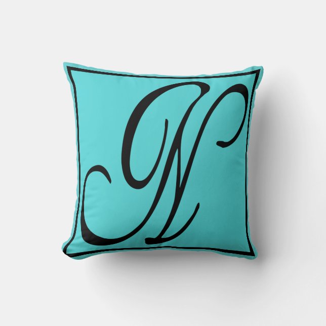 N OREILLER INITIAL - Lettre N sur Fond Aqua (Recto)