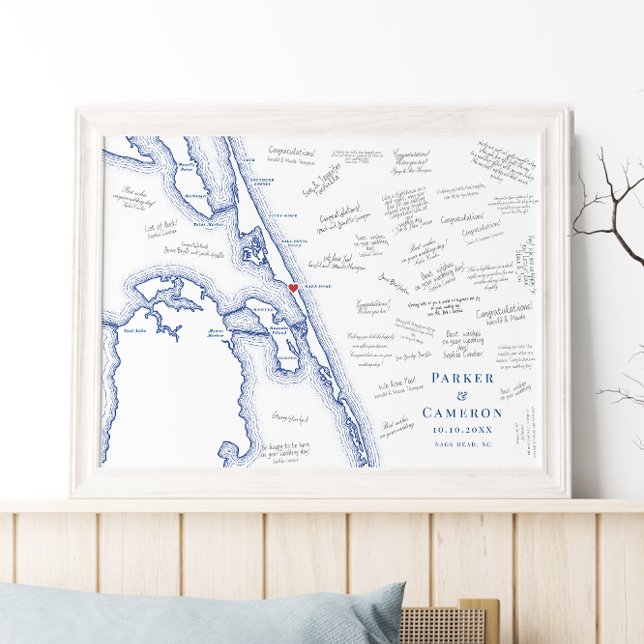 Nags Head NC Map Élégante affiche du livre d'or de (Nags Head NC Map Alternative Guest Book Poster for an Outer Banks Beach Wedding in elegant navy blue)