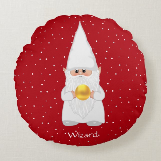 Nain magicien & Or sur Coussin Rond Rouge (Devant)