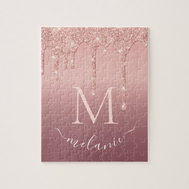 Name Letter Puzzle Rose Gold Blush Glitter Drips (Vertical)