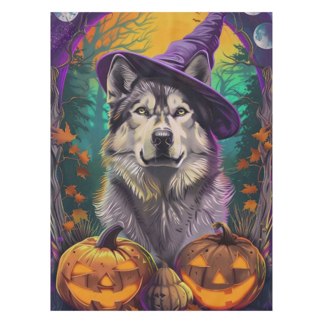 Nappe Alaskan Malamute Halloween sorcière et Citrouille (Devant)