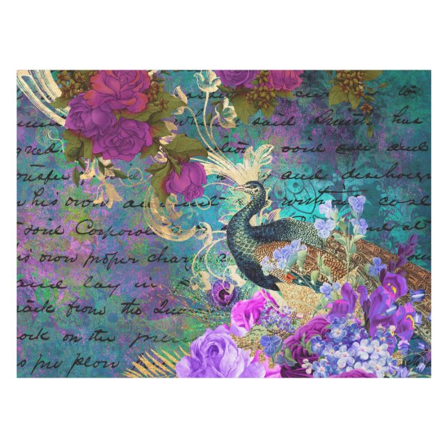 Nappe Antique Illustré Paon & Fleurs Grunge (Devant (Horizontal))