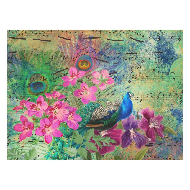 Nappe Antique Peacock Illustré & Fleurs Grunge (Devant (Horizontal))