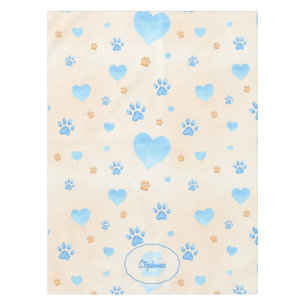 Nappe Aquarelle Bleu Coeurs et Empreintes de pattes Moti