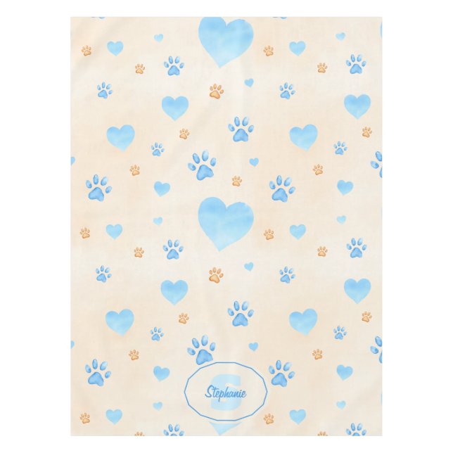 Nappe Aquarelle Bleu Coeurs et Empreintes de pattes Moti (Devant)