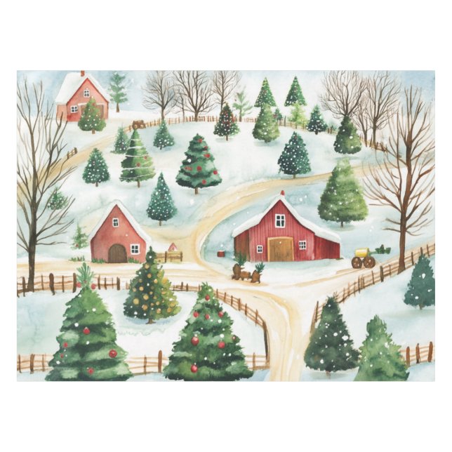 Nappe Aquarelle Hiver Paysage rustique avec Fir Trees (Devant (Horizontal))