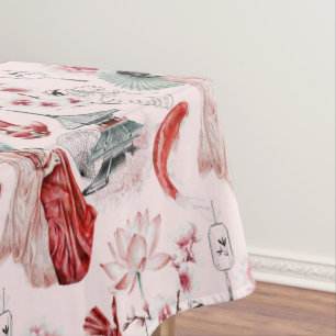 Nappe Aquarelle Japonaise Pagode Lotus Koi Poisson