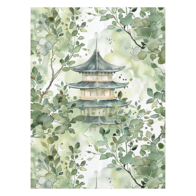 Nappe Aquarelle Pagode asiatique dans paysage verdoyant  (Devant)