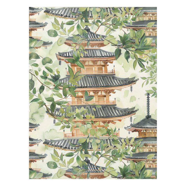 Nappe Aquarelle Pagode asiatique dans paysage verdoyant  (Devant)