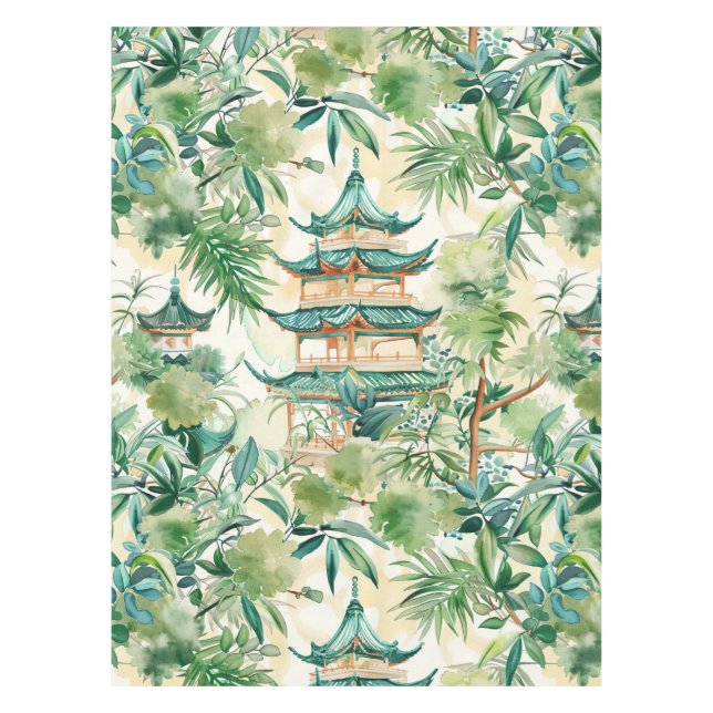Nappe Aquarelle Pagode asiatique dans paysage verdoyant  (Devant)