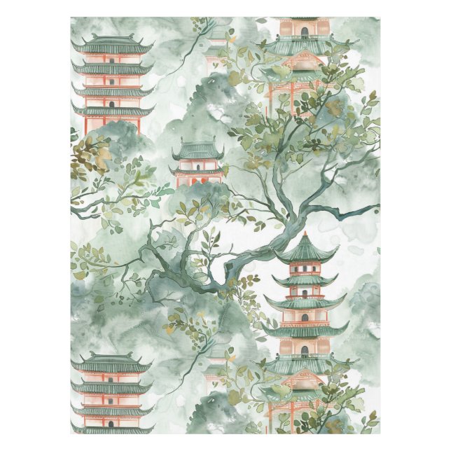 Nappe Aquarelle Pagode asiatique dans paysage verdoyant  (Devant)