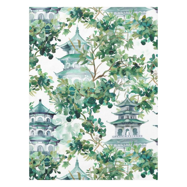 Nappe Aquarelle Pagode asiatique dans paysage verdoyant  (Devant)