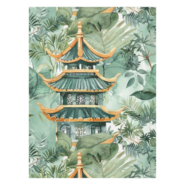 Nappe Aquarelle Pagode asiatique dans paysage verdoyant  (Devant)