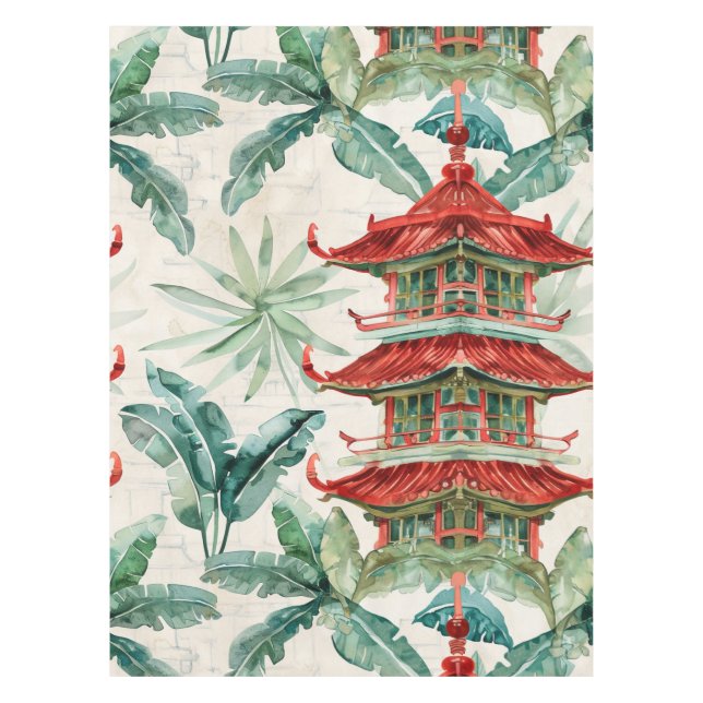 Nappe Aquarelle Pagode asiatique dans paysage verdoyant  (Devant)