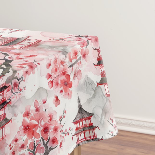 Nappe Aquarelle Pagode chinoise aux fleurs de cerisiers  (In Situ)