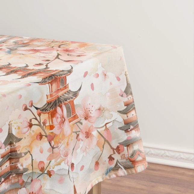Nappe Aquarelle Pagode chinoise avec fleurs de cerisiers (In Situ)