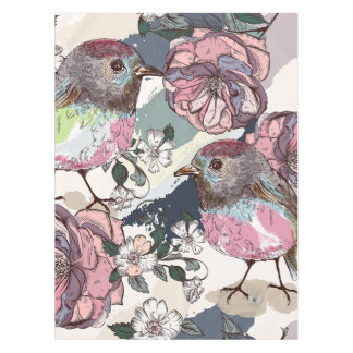 Nappe Aquarelle Pastel Oiseaux et fleurs roses