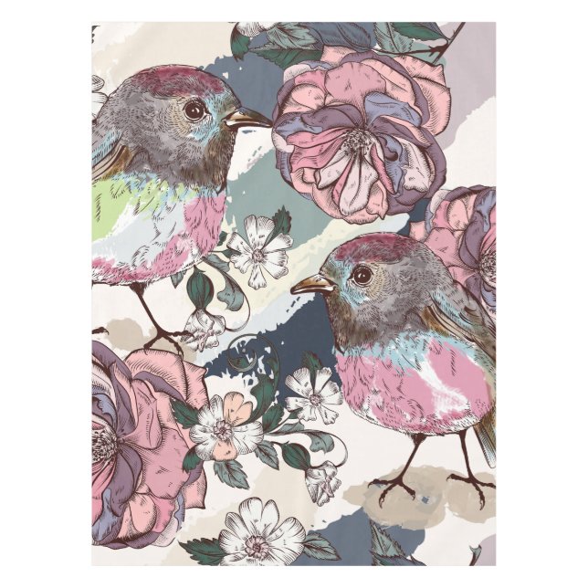 Nappe Aquarelle Pastel Oiseaux et fleurs roses (Devant)