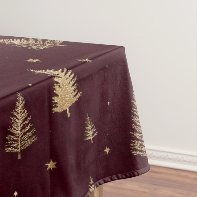 Nappe Arbres de Noël modernes dorés sur fond bordeaux (In Situ)