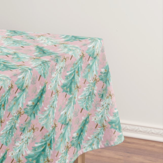 Nappe Arbres de Noël sarcelle fantaisistes sur rose  (In Situ)