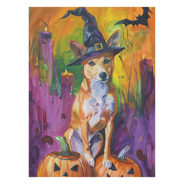 Nappe Basenji effrayant Halloween Sorcière et Citrouille (Devant)