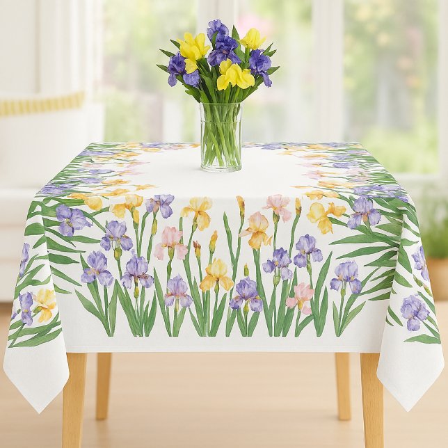 Nappe Belle Irises violettes et jaunes / Fleur de printe (Elegant watercolor iris tablecloth with edge-border design in purple, yellow, flower blooms)