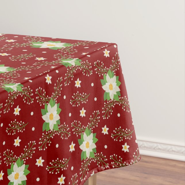 Nappe Blanc Poinsettias Vert Feuilles Noël sur Rouge (In Situ)