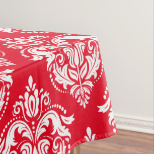 Nappe Blanc sur rouge Floral Damas Motif géométrique