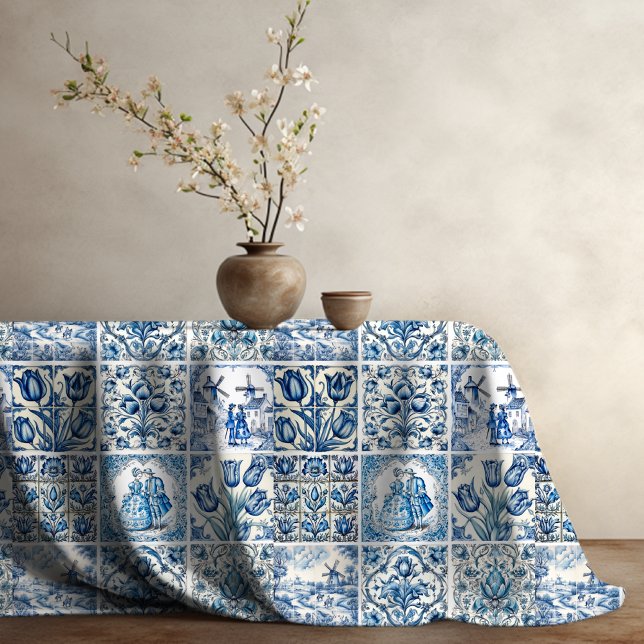 Nappe Bleu Chic toile blanche de jouy Poupées et fleurs (Créateur téléchargé)