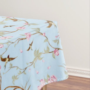 Nappe Bleu et rose Chinoiserie Botanique Oiseaux et Fleu