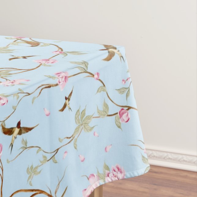 Nappe Bleu et rose Chinoiserie Botanique Oiseaux et Fleu (In Situ)