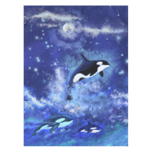 Nappe bleue avec baleines tueuses sur Pleine lune