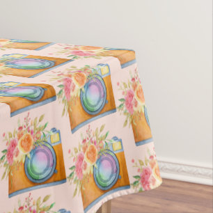 Nappe Boho Orange Camera & Fleurs Motif d'aquarelle