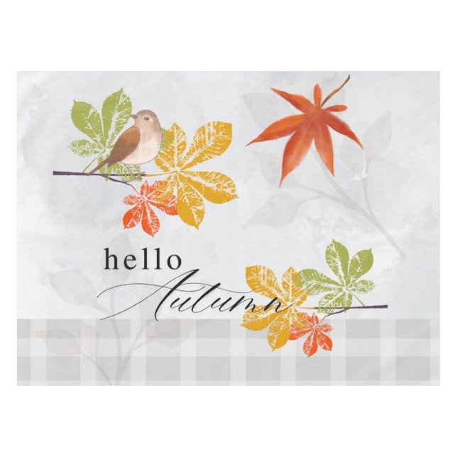 Nappe Bonjour automne avec les feuilles d'oiseaux et d'a (Devant (Horizontal))