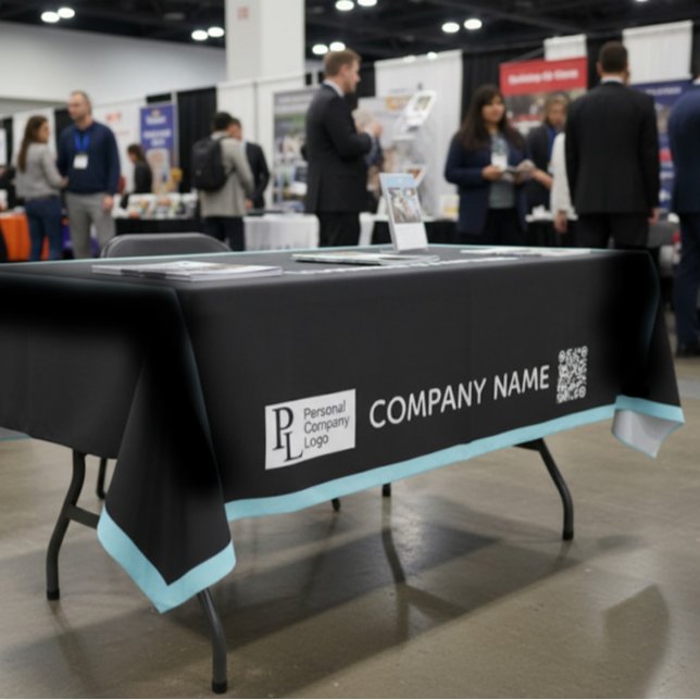 Nappe Bordure bleue du logo de l'entreprise (custom tablecloth table cover logo printing trade show for business event - black with blue border)