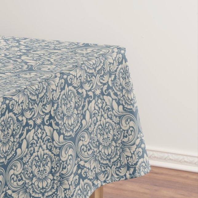 Nappe Brocade vintage de Damas fleurit en bleu (In Situ)